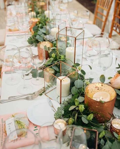 foliage garlands down long guest tables wedding styling - UK Wedding Styling & Decor Blog - The Wedding of My Dreams Industrial Wedding Centerpieces, Greenery Wedding Centerpieces, Romantic Wedding Centerpieces, Geometric Candle, Fresh Eucalyptus, Copper Wedding, Beer Custom, Geometric Wedding, Wedding Table Decorations