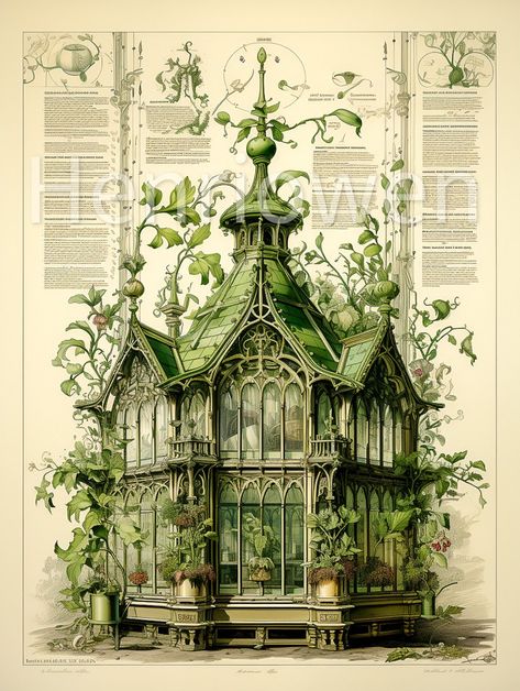 Green Aesthetic House Exterior, Cottage Core Greenhouse Minecraft, Victorian Greenhouse Illustration, Green House Sketch, Cottage Core Greenhouse, Greenhouse Concept Art, Green House Drawing, Greenhouse Art, Botanical Sketches