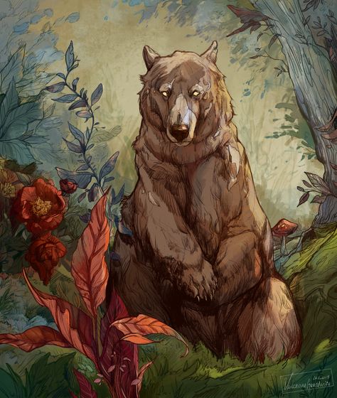 Bear Illustration, Brown Bear, In The Middle, The Middle, Flowers, Art