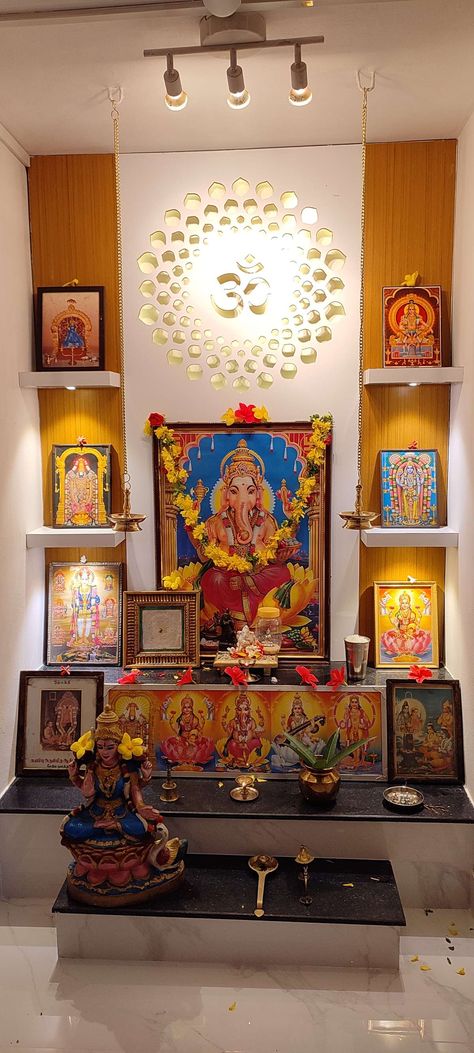 Lighting, Prayer Room, Storage Designs by Interior Designer RAS interior, Palakkad | Kolo Aesthetic Pooja Room, Pooja Room Storage Ideas, Pooja Room Outside Design, Mandir Designs Puja Room, Indian Pooja Room Ideas, Pooja Room Design Indian, Pooja Mandir Ideas Design, Civil Plan, Small Pooja Room Ideas