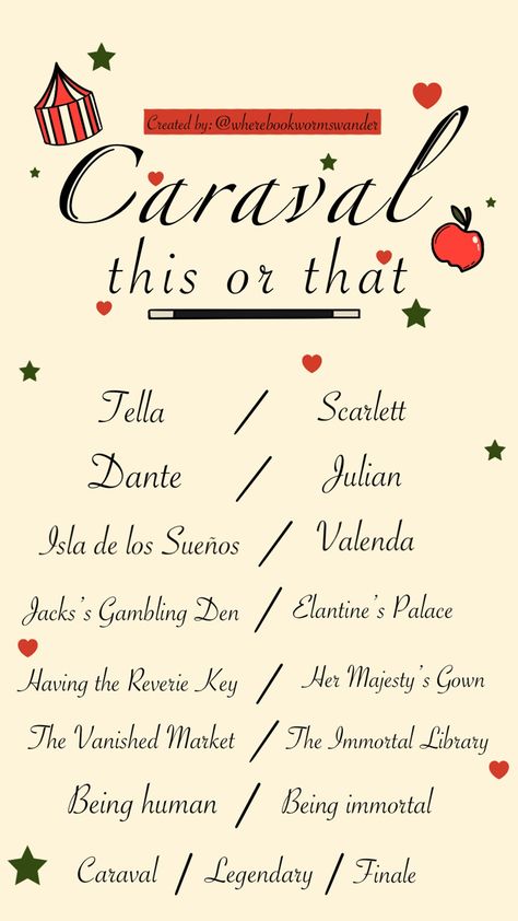 For all my Caraval lovers out there 🍎🎶 Spectacular Caraval Book, Dante Caraval, Caraval Quotes, Caraval Legendary, Caraval Aesthetic, Caraval Fanart, Caraval Trilogy, Caraval Series, Book Questions