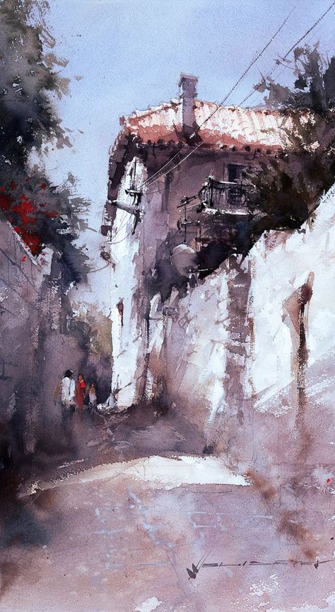 Abstract Painting Easy, Narrow Street, Watercolor Scenery, Buddha Art Painting, Watercolour Landscape, Winter Watercolor, City Painting, Abstract Art Landscape, Buddha Art