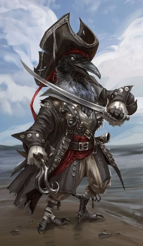 (Ketra) Raven Mutant Pirate Jessica Nguyen, Pirate Art, Sea Captain, Heroic Fantasy, Fantasy Races, Dungeons And Dragons Characters, Dnd Art, D&d Dungeons And Dragons, Dungeons And Dragons Homebrew