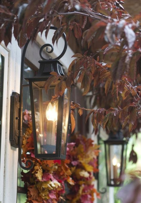 French carriage house style lanterns - French Country Cottage House Styles Exterior, Natural Decorating, French Country Cottages, Porch Lanterns, Old French Doors, Carriage Lights, Decorating Pumpkins, Leaf Lantern, Porch Styles