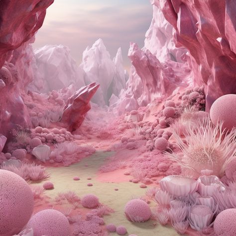 Pink World Aesthetic, Pink Fantasy World, Pink Dragon Aesthetic, Alien Worlds Landscape, Pink Fantasy Art, Dream Art Fantasy, Pink Spaceship, Cave Crystals, Crystal Landscape