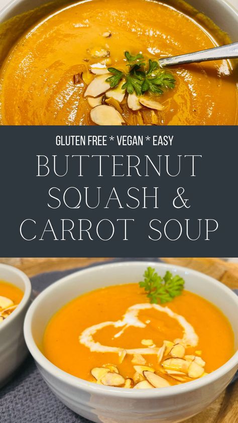 Gluten Free-Vegan-Easy Butternut Squash and Carrot Soup. Image of soup in white bowls with sliced almonds and parsley as garnishes. Turmeric Butternut Squash Soup, Butternut Squash Sweet Potato Soup Instant Pot, Curry Butternut Squash Soup Instant Pot, Ip Butternut Squash Soup, Butternut Squash Soup Instapot, One Pot Butternut Squash Soup, Butternut Soup Instant Pot, Broccoli Butternut Squash Soup, Carrot Soup Recipes Instant Pot