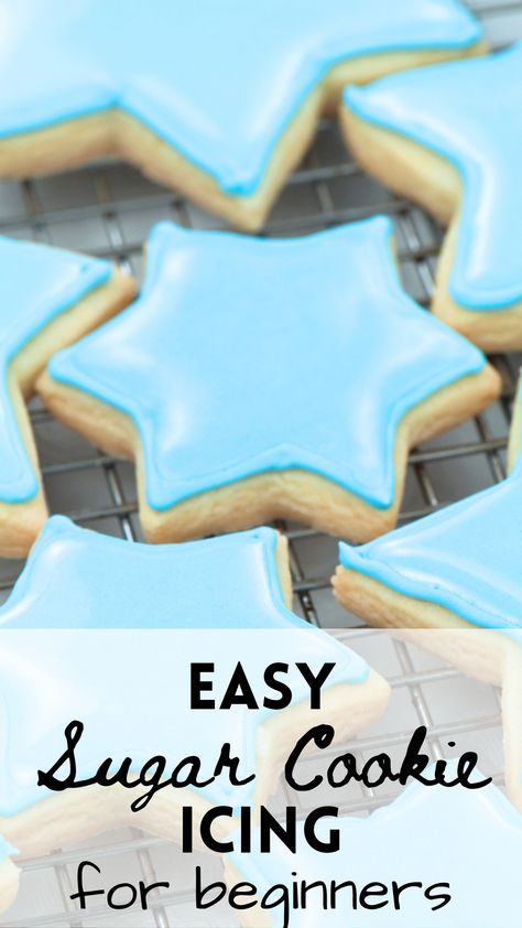 This easy sugar cookie icing recipe is make with simple pantry staple ingredients and is easy enough for beginners. Great for spreading and piping sugar cookie decorating ! #sugarcookieicing #easyrecipe Cookie With Icing Recipe, Best Sugar Cookie Recipe For Decorating Royal Icing, Icing Recipes For Sugar Cookies, How To Frost Christmas Cookies, Smooth Icing For Sugar Cookies, Butter Cream Frosting Recipe For Cookies, Simple Cookie Icing Recipe, Flow Icing For Cookies, Cutout Frosting Recipe