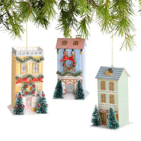 Light Up Ornaments, Miniature Kits, Glitter Houses, Led Shop Lights, Paper Vintage, House Ornaments, Christmas Crafts Decorations, Vintage Christmas Ornaments, Felt Ornaments