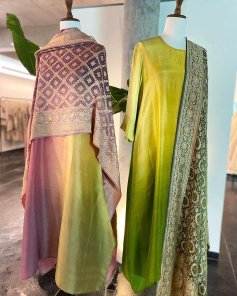 Elan on Instagram: “Shades of summer - light flowing silks with charming ombré, matched with rich dupattas by #meghnapanchmatia New on our racks ⏰ 11am - 7pm…” Desinger Dresses, Cotton Suit Designs, Simple Kurtis, New Dress Pattern, Classic Suits, Churidar Neck, Lehenga Saree Design, Colour Combinations Fashion, Latin Quarter