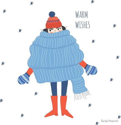 "Warm Wishes _ Girl illustration" by Sanja Popovic | Redbubble       Winter illustration, flat illustration, red and blue, handrawn girl, winter quotes Winter Coat Illustration, Scarf Illustration Drawings, Winter Illustration Design, Winter Girl Illustration, Cute Winter Art, Cozy Winter Illustration, Winter Illustration Art, Cute Winter Illustration, January Illustration