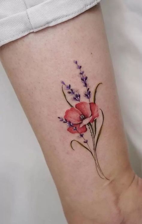 Item 91 Tattoo, Lavender Tattoos, Colorful Flower Tattoo, Poppy Flower Tattoo, Floral Back Tattoos, Lavender Tattoo, Watercolor Tattoo Flower, Mommy Tattoos, Poppies Tattoo