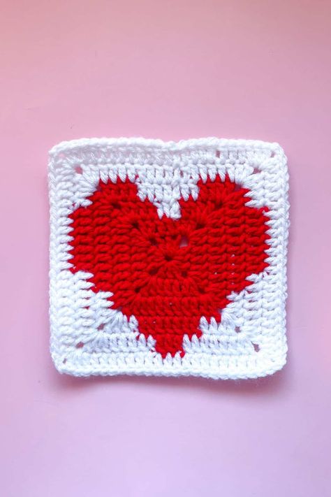 Heart Granny Square Coaster, Heart Granny Square Projects, Heart Granny Square Pillow, Solid Heart Granny Square Pattern, Big Heart Granny Square, Valentine Granny Square, Heart Shape Granny Square, Crochet Heart Square Pattern, Solid Heart Granny Square