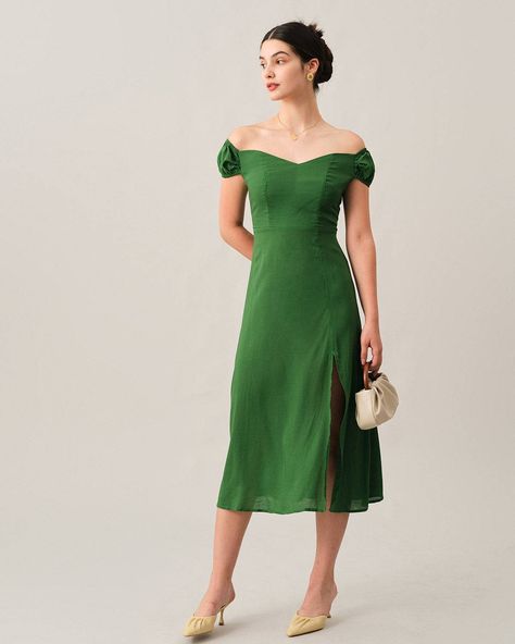 Free shipping on orders over $69. Shop the side split off-shoulder midi dress - green - xs,s,m,l at RIHOAS. Green Dress For Women, Sage Green Dress, Green Sage, Fall Wedding Guest Dress, Green Dresses, Perfect Wardrobe, Green Midi Dress, Green Emerald, Buy One Get One