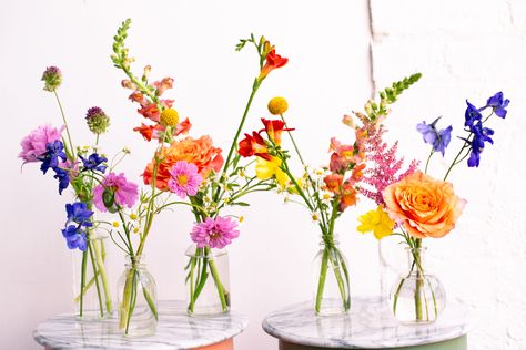 wildflower wedding flowers centerpieces - Google Search Bud Flower Vases Wedding, Bridal Shower Bud Vases, Wild Flower Bud Vases Wedding, Colorful Bud Vase Centerpiece, Bright Bud Vases, Tiny Vases With Flowers, Simple Vase Arrangements, Wildflower Bud Vases Wedding, Colorful Bud Vases Wedding