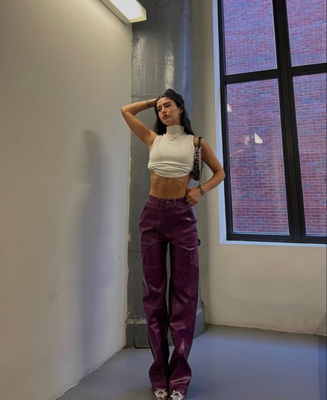 Purple Leather Pants, Purple Jeans Outfit, Purple Pants Outfit, Leather Pants Outfit, Purple Jeans, Purple Pants, Dark Skin Women, Purple Leather, Princess Polly