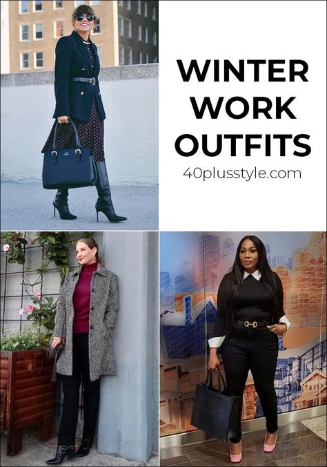 Classy professional winter work outfits to keep you looking great in cool weather | 40plusstyle.com Womens Business Outfits Winter, Winter 2023 Office Fashion Trends Women, Womens Business Professional Winter, Chicago Winter Work Outfits, Women Office Outfits Winter, Banker Outfits Women Winter, Winter Business Casual Outfits For Women Over 40, Winter Work Attire Office Wear, Office Outfits For Winter