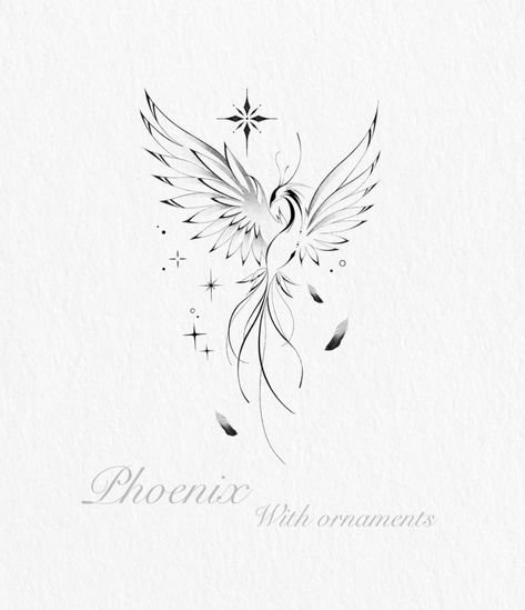 Dove And Phoenix Tattoo, Phoenix Fire Tattoo Feminine, Single Line Phoenix Tattoo, Phoenix Calf Tattoo, Still I Rise Phoenix Tattoo Ideas, Phoenix Rib Tattoos For Women, Phinixbird Tattoo, Fine Line Pheonix Tattoo For Women, Fineline Phoenix Tattoo