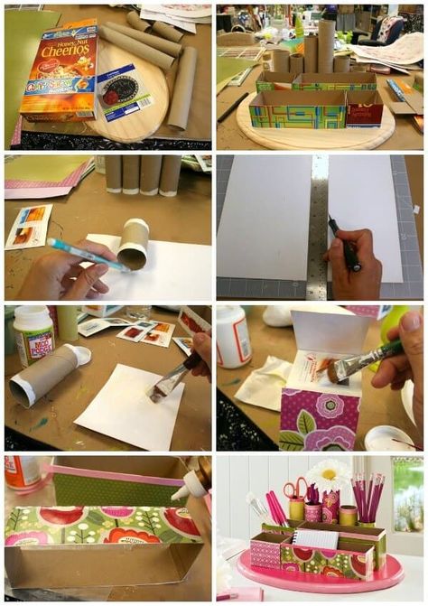 Use Mod Podge, old cereal boxes, and toilet paper rolls to create a DIY unique desk organizer. This recycled craft is perfect if you're on a budget. Diy Desk Organization, Diy Desk Organizer, Cereal Box Craft, Recycle Crafts Diy, Boxes Diy, Desk Organization Diy, Cereal Boxes, Toilet Paper Rolls, Trendy Diy