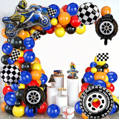 Precio bajo con envío gratis para usuario nuevo. Motorcycle Themed Birthday Party, Checkered Balloons, Birthday Motorcycle, Dirt Bike Birthday Party, 4th Birthday Party For Boys, Bike Birthday Parties, Dirt Bike Party, Motorcycle Party, Bike Party