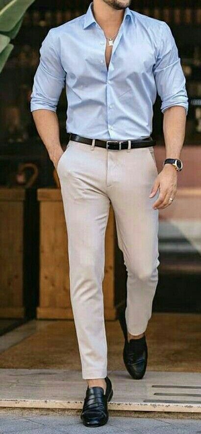 Men Wedding Casual Outfit, Light Blue Dress Shirt Outfit Men, Dark Blue And Beige Outfit, Light Blue Shirt Outfit Men Casual, Beige Pants Outfit Men Formal, Light Blue Shirt Outfit Men, Light Beige Pants Outfit, Beige Pants Outfit Men, Beige And Blue Outfit