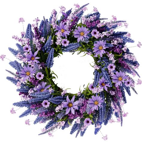 PRICES MAY VARY. [HIGH QUALITY WREATH]: This lavender wreath is made of premium plastic and silk. The base is durable natural grapevine full of lavender, purple daisies,greenery leaves and other wild flowers. The entirely realistic wreath is vivid and vibrant. [PROPER SIZE]: 22 inches after fluffing. Since the wreath is packed in a relatively small box to satisfy transportation requirement, you need to expand the branches and adjust flowers into best shape and you'll get a 22 inch full wreath of Outdoor Window Decor, Wreath For All Seasons, Purple Furniture, Daisy Wreath, Outdoor Window, Leaves Wreath, Purple Wreath, All Season Wreath, Lavender Wreath