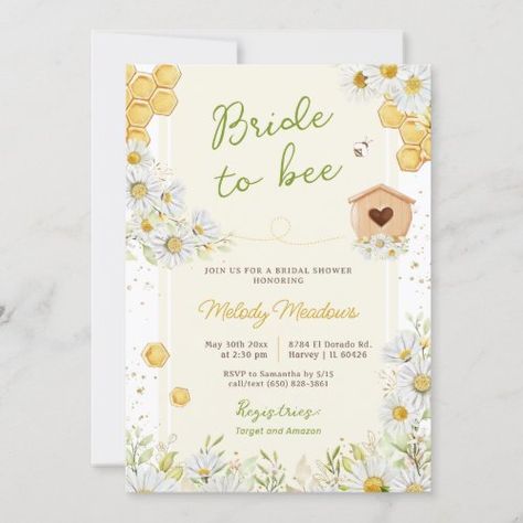 $2.80 | Bride to Bee Honey Bumblebee Yellow Bridal Shower #gender neutral invites, light yellow black white green, queen bee invitations, cheerful happy party theme, floral garden spring baby sprinkle, mommy to bee invite, new future mom mother design, sweet honey honeycomb evite, outdoors backyard brunch lunch luncheon, honeybee bumblebee buzz hive honeycomb Yellow Bridal Shower Invitations, Yellow Baby Shower Invitations, Bride To Bee, Daisy Invitations, Bee Baby Shower Invitations, Baby Shower Deco, Baby Shower Yellow, Bee Baby Shower Theme, Mommy To Bee