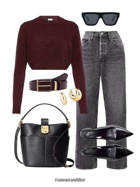 A cozy burgundy sweater with black vintage jeans Burgundy Outfit Ideas Classy, Burgundy Top Outfit Ideas, Burgundy Jeans Outfit Fall, Wine Red Outfit Ideas, Burgundy Sweater Outfit Winter, Burgundy Turtleneck Outfits, Black And Burgundy Outfit, Burgundy And Black Outfit, Burgundy Outfits For Women