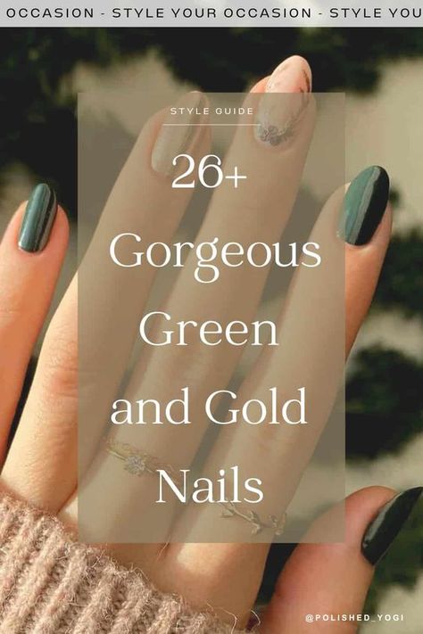 26+ Gorgeous Green and Gold Nails To Inspire You This Season Green Nail With Gold Tip, Green Gold Almond Nails, Nail Designs Dark Green And Gold, Nail Colors To Go With Green Dress, Dark Green Nails With Gold Design, Green Nails With Gold Line, Deep Forest Green Nails, Sage Green With Gold Nails, Green Nails Wedding Guest