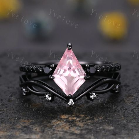 Retro Kite Cut Pink Sapphire Engagement Ring,Vintage Black Silver Ring Set,Unique Black Spinel Diamond Promise Ring Anniversary Gift For Her Material:925 Sterling Silver,black silver/Rose/White/Yellow Gold Plated    Solid gold (10k 14k 18k rose gold,yellow gold,white gold,Platinum available) Main stone:7x10mm kite Cut lab Pink Sapphire Accent stone:with natural diamond black spinel stones(10k 14k 18k solid gold /platinum) or black spinel stones(silver or plated metal) Band width:approx 1.5 Setti Black And Pink Ring, Black And Pink Engagement Ring, Black And Pink Wedding Rings, Unique Pink Engagement Rings, Black Gold Engagement Ring, Sapphire Engagement Ring Vintage, Pink Sapphire Engagement Ring, Pink Sapphire Ring Engagement, Diamond Promise Ring