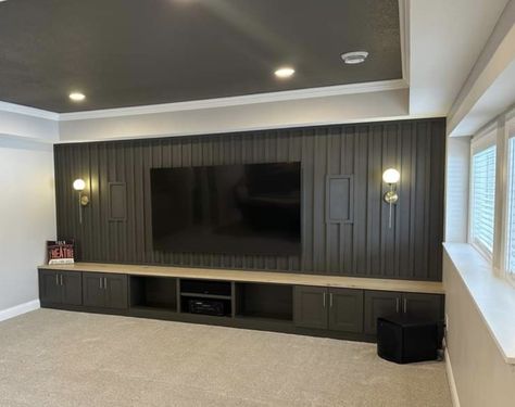 Basement Entertainment Wall Media Center, 4 Tvs On One Wall Game Room, Basement Projector Wall Ideas, Basement Media Wall, Basement Media Room Ideas, Basement Entertainment Center, Theater Room Ideas, Entertainment Center Wall, Basement Tv Rooms