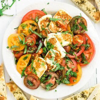 Fried Halloumi, Vegetarian Mains, Sliced Tomatoes, Halloumi Salad, Hot Cheese, Grilled Halloumi, Grilled Peppers, Grilled Bread, Tomato Cucumber