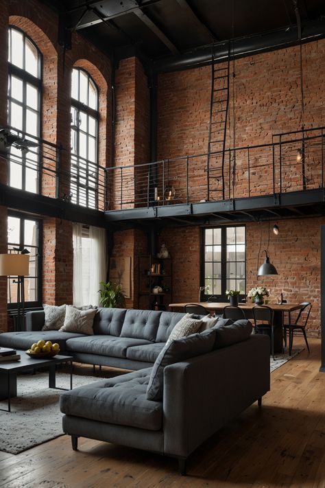 Create a chic modern loft that seamlessly blends industrial elements such as exposed brick walls and sleek metal beams. This contemporary space is perfect for urban living, offering a stylish and functional design. 

#ModernLoft #IndustrialDesign #ExposedBrick #MetalBeams #UrbanLiving #ContemporaryHome #LoftDesign #InteriorDesign #ModernDecor Exposed Brick Loft Apartments, Exposed Brick Apartment Aesthetic, Brick Apartment Aesthetic, Exposed Brick Walls Living Room, Brick Loft Apartment, Exposed Brick Loft, Exposed Brick Apartment, Modern Loft Decor, Cozy Industrial Living Room