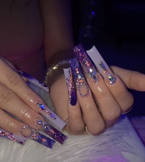 Purple Glam Nails, Purple Long Acrylic Nails, Purple Bling Nails, Clawed Beauty, Amber Nail, Fade Nails, Purple And Silver Nails, French Fade Nails, Quince Planning