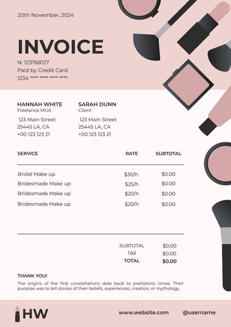 Freelance Makeup Artist Business, Invoice Design, Freelance Makeup Artist, Makeup Artist Business, Brand Kit, Invoice Template, Used Tools, Make Up Artist, Beauty Business