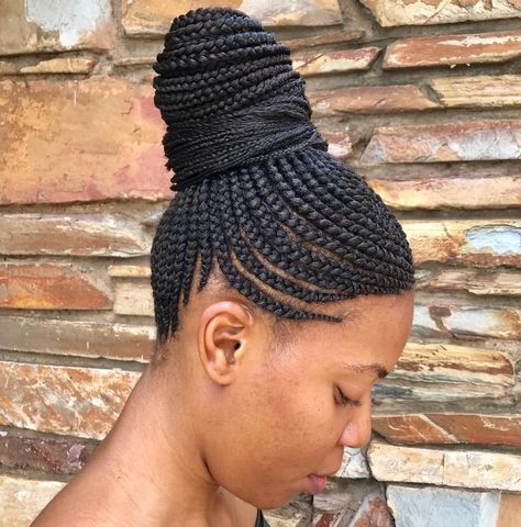 High Bun With Box Braids High Bun With Box Braids, Bun With Box Braids, Nigerian Braids Hairstyles, Updo Braids Hairstyles, Medium Sized Box Braids, Bob Box Braids Styles, Cornrows Updo, Box Braids Bun, Cornrow Ponytail