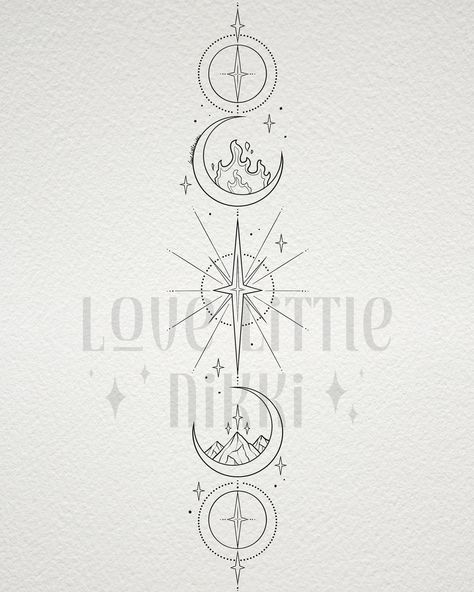 This delicate Feyre moon phase tattoo is for the lovely Meredith 🌙✨ she wanted aspects of Nesta also included in this delicate design! Love the 8 pointed star 🌟 #feyrearcheron #acotar #tattoodesign Nesta Back Tattoo Acotar, Acotar Star Tattoo, Acotar Tattoo Design, Feyre’s Back Tattoo, 8 Pointed Star Tattoo Nesta, Nesta Tattoo Ideas, Feyre Back Tattoo Acotar, Acotar Tattoos Nesta, Acotar Feyre Back Tattoo