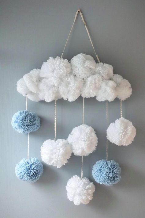 Pom Pom Cloud Diy, Easy Crafts With Pom Poms, Pom Pom Mobile Nursery, Craft Making Ideas Room Decor, What To Do With Pom Poms, How Make Pom Poms, Wool Pom Pom Diy, Chunky Yarn Pom Pom Diy, Pom Pom Animals Tutorial