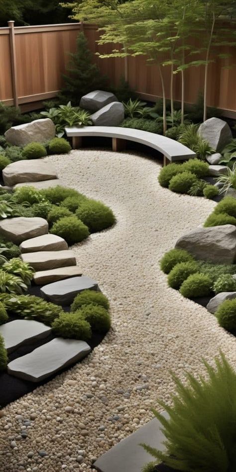 Japanese Gravel Garden, Modern Zen Garden Backyard, Rock Courtyard, Garden Design With Stones, Zen Landscape Design, Stone Garden Ideas, Japanese Rock Garden Ideas, Stone Garden Design, Japanese Stone Garden