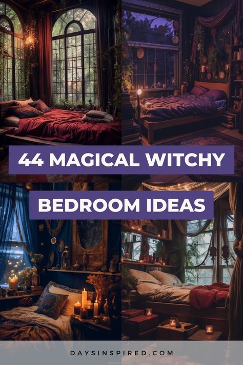 Dark And Moody Bedroom Bohemian, Wiccan Bedroom Ideas, Witch Living Room Aesthetic, Dark Witchy Bedroom Ideas, Witch Cottage Bedroom, Boho Witch Aesthetic Home, Practical Magic Bedroom Aesthetic, Witchy Vibes Bedroom, Dark And Moody Bedroom Jewel Tones