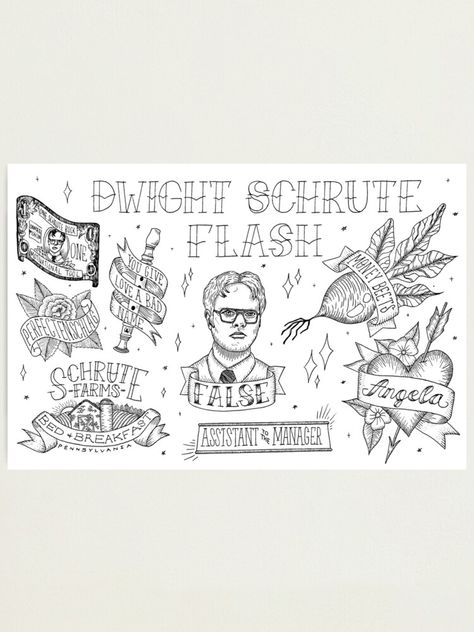 Dwight Tattoo The Office, The Office Us Tattoo, Dwight Schrute Tattoo, The Office Tattoo Ideas Small, Dwight Tattoo, The Office Coloring Pages, The Office Tattoo Ideas, The Office Tattoo, Flash Sheets