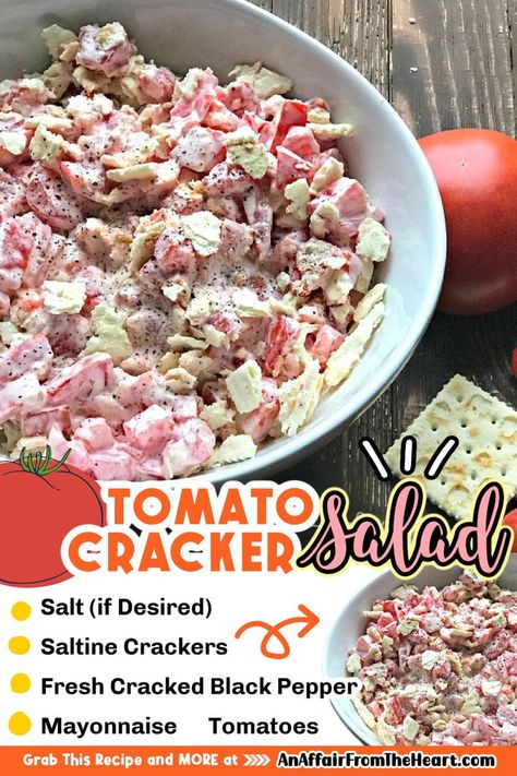 Tomato Cracker salad in a large white serving bowl. Tomato Cracker Salad, Cracker Salad, Southern Appetizers, Mayonnaise Dressing, Salad Garden, Salad Kale, Resep Salad, Saltine Crackers, Salad Pasta