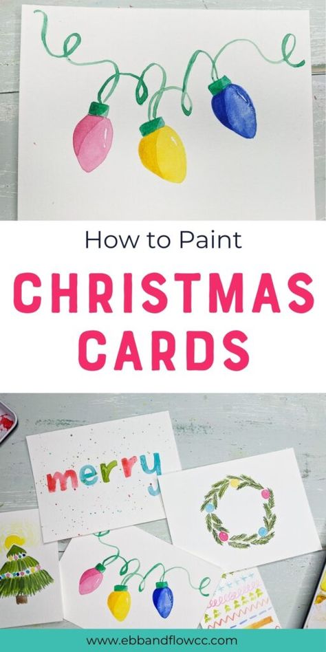 How To Make Watercolor Cards, Simple Hand Painted Christmas Cards, Watercolour Christmas Cards Ideas Easy, Simple Watercolor Christmas Cards, Christmas Cards Painted, Diy Watercolor Christmas Cards, Simple Christmas Card Ideas, Watercolour Christmas Cards Ideas, Watercolour Postcards