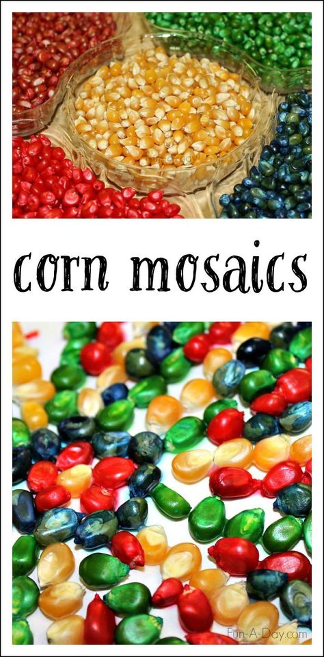 Colorful Corn Mosaics - use dyed corn kernels to create fall process art! Perfect for a harvest or farm theme, or even for some Thanksgiving art! Preschool Thanksgiving Art, Fall Process Art, Dyed Popcorn, Thanksgiving Preschool Activities, Colorful Corn, Farm Vbs, Thanksgiving Art Projects, Thanksgiving Activities Preschool, Harvest Crafts