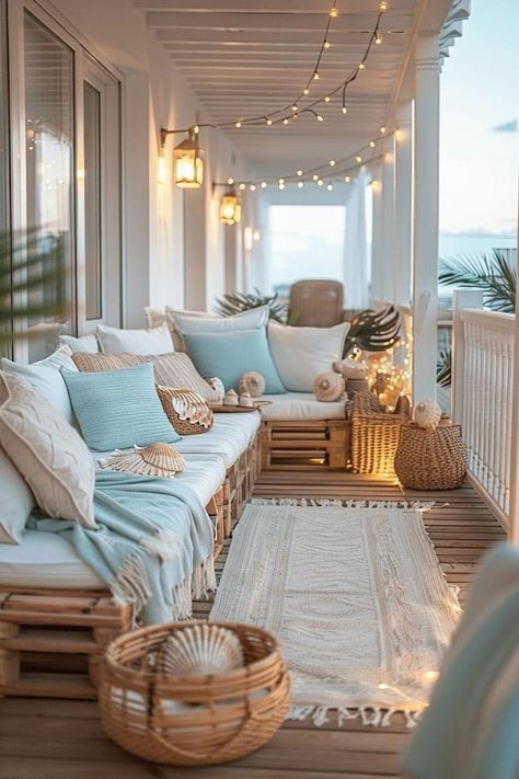 Beach Boho Decor Ideas, Florida Patio Decorating Ideas, Beach House Patio Coastal, Beach Deck Decor, Beachy Outdoor Patio Ideas, Summer Balcony Ideas, Beach Porch Ideas, Beach House Porch Ideas, Bohemian Patio Decorating Ideas