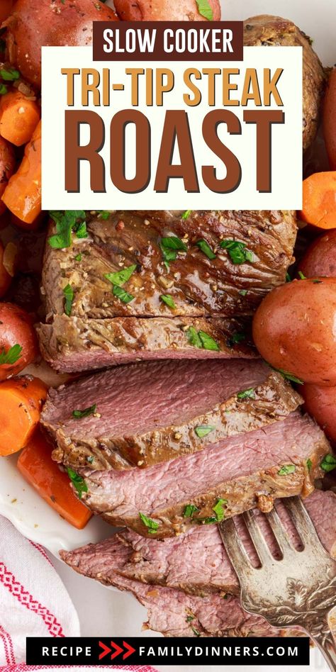 Delicious slow cooker tri-tip steak cooked until tender with roasted vegetables. This crockpot recipe makes the juiciest steak. If you love a slow roasted steak you'll love this! Cooked with a delicious homemade gravy and vegetables it makes a whole meal! Crock Pot Tri Tip Recipes, Crock Pot Tri Tip, Tri Tip Roast Crock Pot Recipe, Tri Tip Recipes Crockpot, Slow Cooker Tri Tip, Roasted Steak, Tri Tip Steak Recipes, Tritip Recipes, Crockpot Steak Recipes