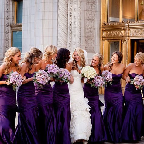 Advice on Choosing Bridesmaids; How to Pick Maid of Honor & Bridesmaids | Wedding Planning, Ideas & Etiquette | Bridal Guide Magazine Dark Purple Wedding, Purple Bridesmaids, Purple Bridesmaid Dresses, Wedding Robe, Purple Wedding, Trending Dresses, Wedding Attire, Wedding Bridesmaids, Wedding Bells