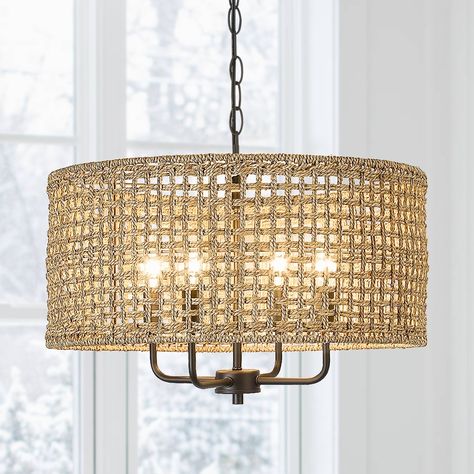 4-Light Bohemian Hand Woven Drum Chandelier - Straw - 20 in. W - Bed Bath & Beyond - 36159710 Chandelier Natural, Dimmable Chandelier, Bohemian Candle, Vintage Style Decorating, Brass Wall Light, Geometric Chandelier, Drum Chandelier, Chandelier Light, Candle Styling