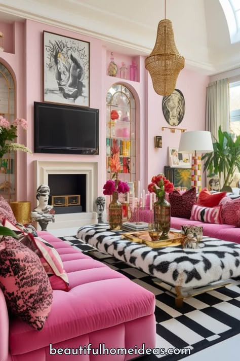 28 Maximalist Living Room Ideas For A Beautiful Living Space - Beautiful Home Ideas Eclectic Pink Living Room, Hot Pink Couch Living Room, Hot Pink Living Room Ideas, Maximist Decor Living Room, Pink Maximalist Living Room, Girly Maximalist Decor, Girly Maximalism, Pink Maximalist Decor, Dream House Decor Living Room