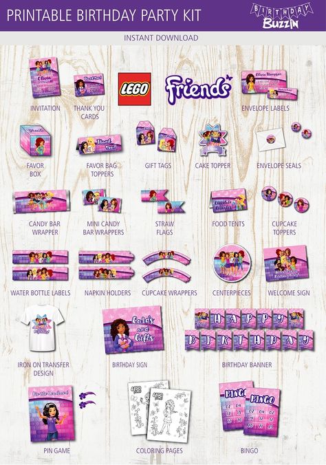 Lego Friends Birthday Party Printable Kit | Birthday Buzzin Lego Friends Cake, Girls Lego Party, Lego Friends Birthday Party, Lego Friends Birthday, Lego Friends Party, Friends Birthday Party, Friends Ideas, Lego Girls, Mustache Party