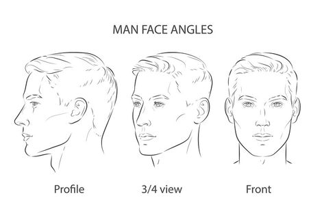 Set of man face portrait three different angles and turns of a male head. Close-up vector line sketch. Different view front, profile, three-quarter of a boy. Mens Face Drawing, Back Sketch Male, Men Face Sketch, Male Face Drawing Tutorials, Male Front View, Three Quarter View Face, Male Face Drawing Reference, Male Face Sketch, Man Face Drawing